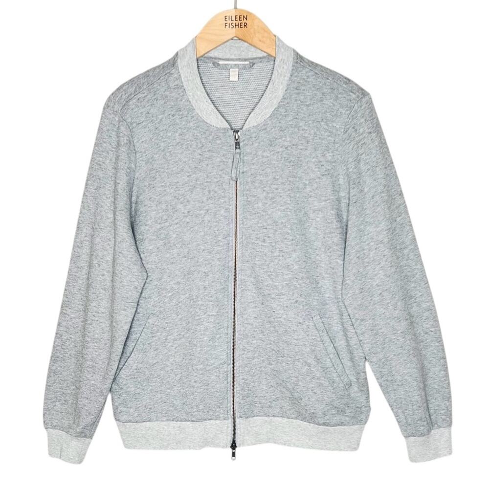 Eileen Fisher Organic Cotton Bomber Jacket L Heather Gray 2 Way Zip Cardigan